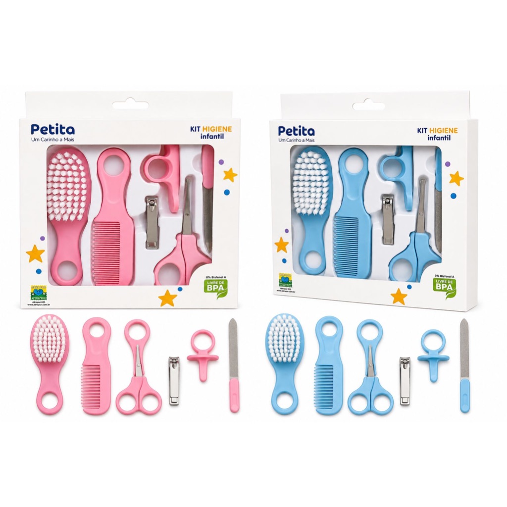 Kit Higiene Bebê Infantil 6 Peças Petita com Escova Pente Tesoura Cortador de Unha e Lixa
