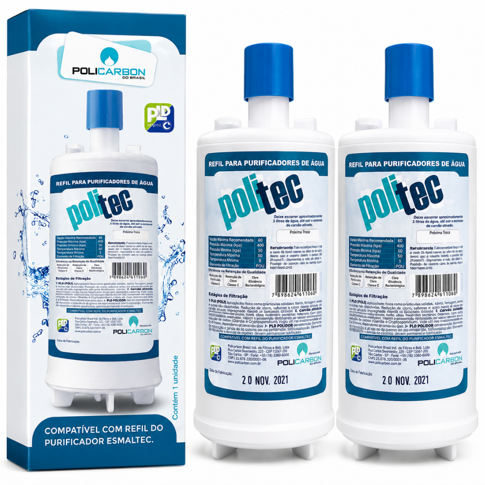 Kit 2 Refil Politec Compatível Purificador de Água Bebedouro Esmaltec Acqua7