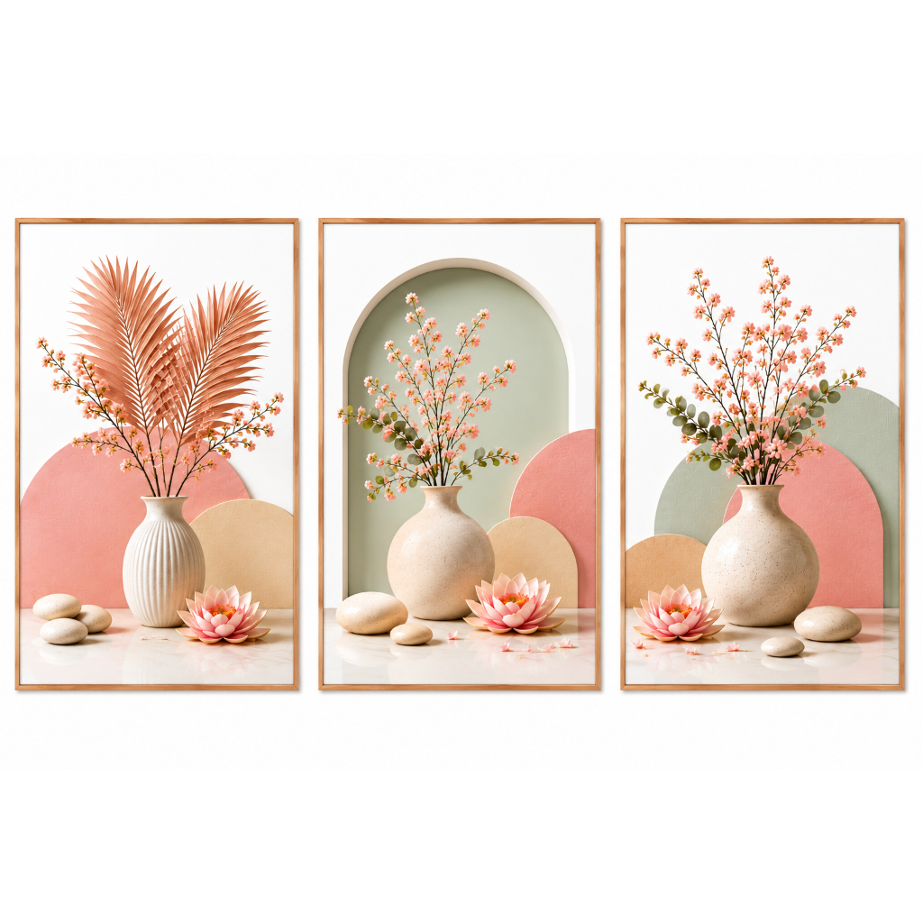 Kit Quadro Decorativo Decoração 3 Peças Folhagem Verde Rosa Minimalista Vasos e Arcos Luxo Moderno