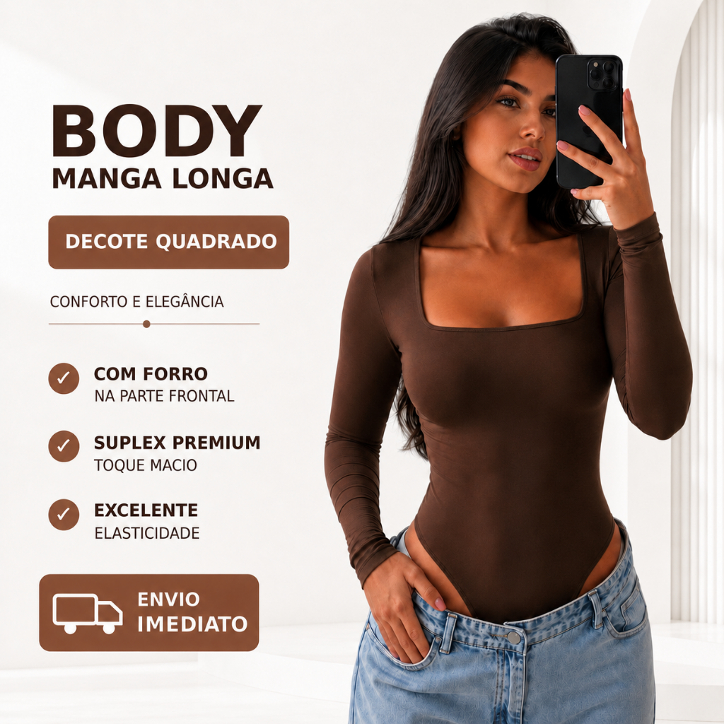 Body Feminino Manga Longa Decote Quadrado Tendencia Suplex Premium Basico e Casual  Forrado Chic Blogueira