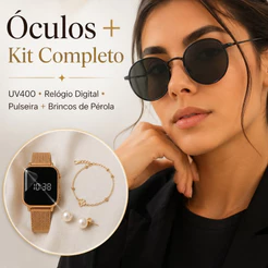 Óculos de Sol Feminino Redondo UV400 Armação Metálica Relógio Digital Pulseira Brincos Pérola