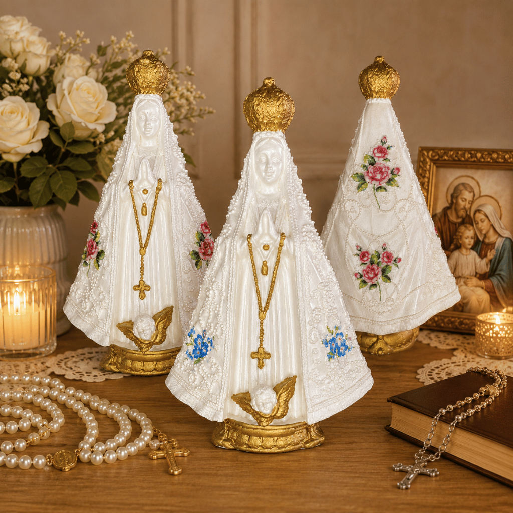 Imagem Nossa Senhora Aparecida Italiana 20cm em Gesso Decoupage Floral Perolada com Dourado
