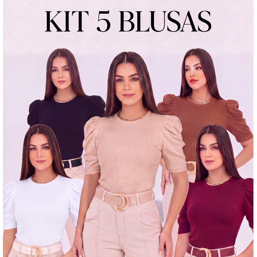 Kit 5 Blusas Femininas Manga Bufante Princesa Ribana Canelada Gola Redonda