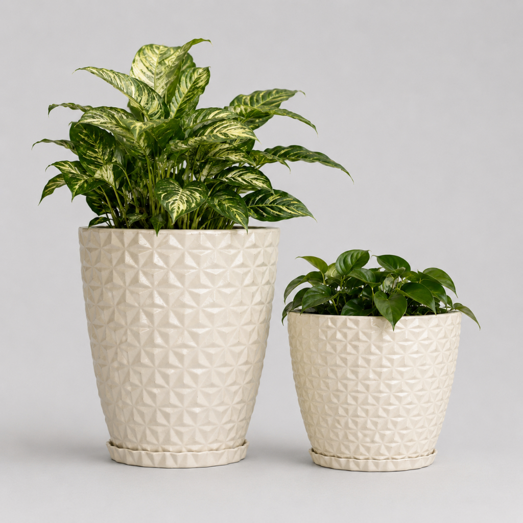 Vasos para Plantas Decorativo Coluna Bojo Diamante Luxo Elegante Estilo 3D com Prato em Polietileno