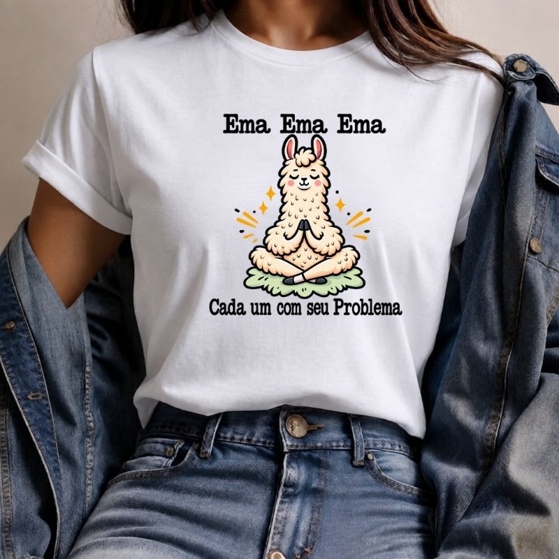 Camiseta Básica Estampada Algodão Engraçada Ema Cada Um Com Seu Problema Llama Yoga Frase Divertida Feminina Masculino