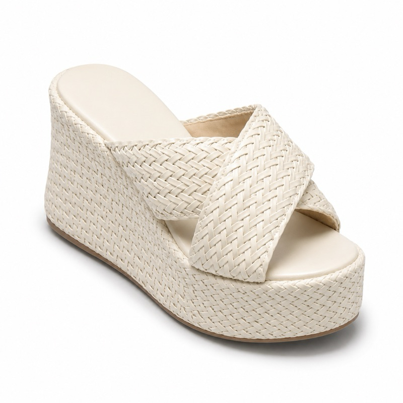 Tamanco Feminino Plataforma Anabela 8cm Trançado Confortável Elegante 2 Cores Caramelo Off White
