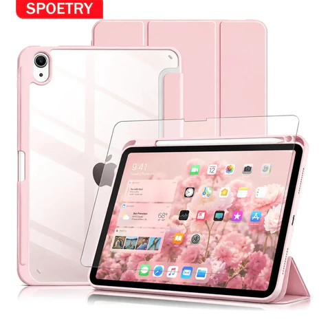 SPOETRY Capa de Proteção para tablets iPad/Air Design Transparente Resistente a Quedas e Suporte Tri-Fold Dobrável