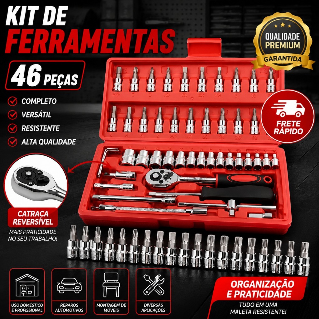 Kit de Ferramentas 46 Peças com Catraca Soquetes Bits Chaves Maleta Completa para Carro Casa Oficina