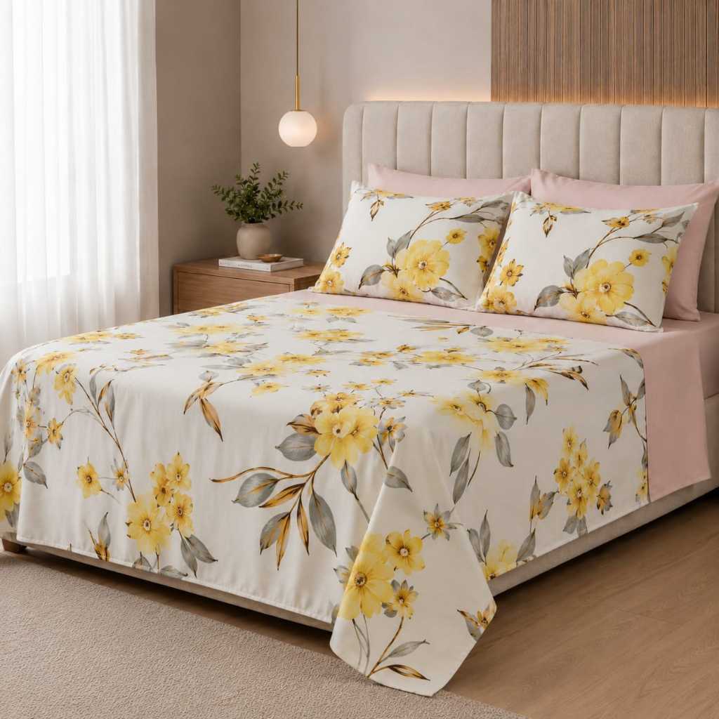 kit  de Lençol Cama casal box \ queen jogo 4 PÇS Estampado C/Elástico Micropercal 500 Fios Toque Macio de seda