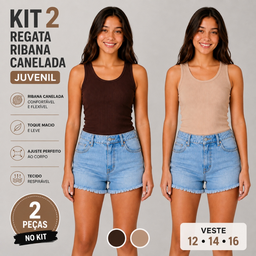 Kit 2 Regatas Femininas Juvenil Ribana Canelada Básica Casual Confortável Verão Menina 26226