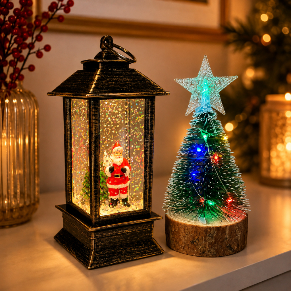 Kit Enfeite Natal Decorativo Globo De Neve Mini Árvore Led