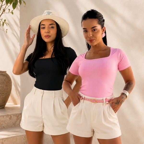Kit 2 Blusas Femininas Ribaninha Decote Quadrado Manga Curta Básica Casual Ajustada Confortável Versátil Moderna Passeio