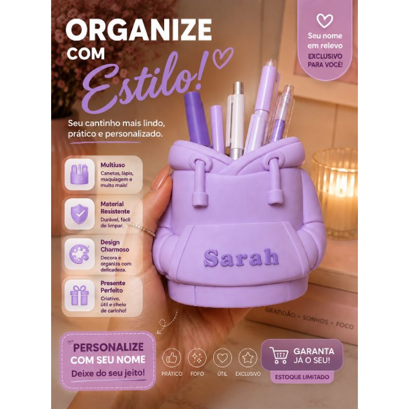 Porta Caneta Personalizado com Nome - Suporte Canetas Mesa Presente Aniversário Volta às Aulas Escritório