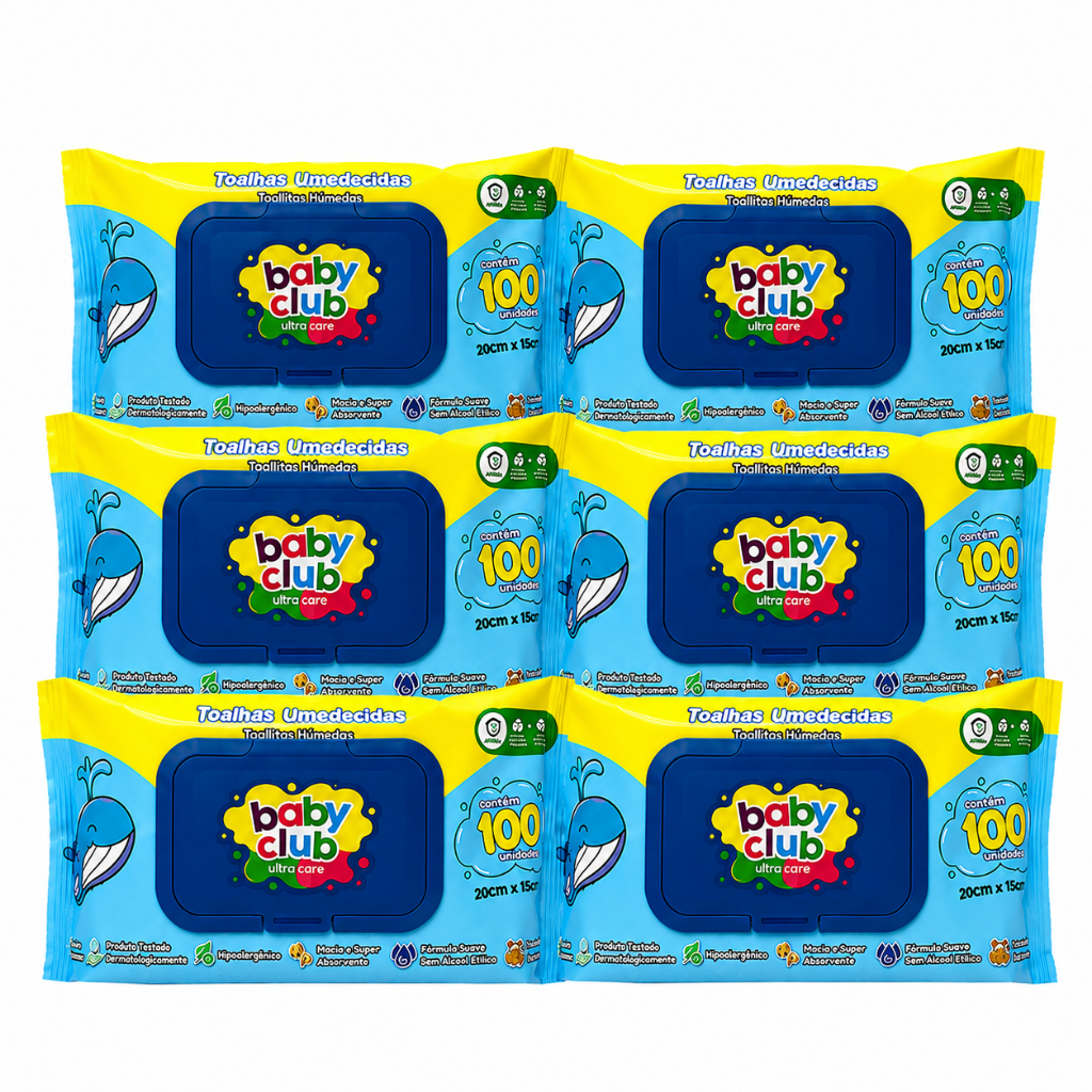 Kit 6 Pacotes Toalhas lenco Umedecidas Baby Club Tradicional 100 Folhas Cada – 600 Unidades, lencinho umedecidos.