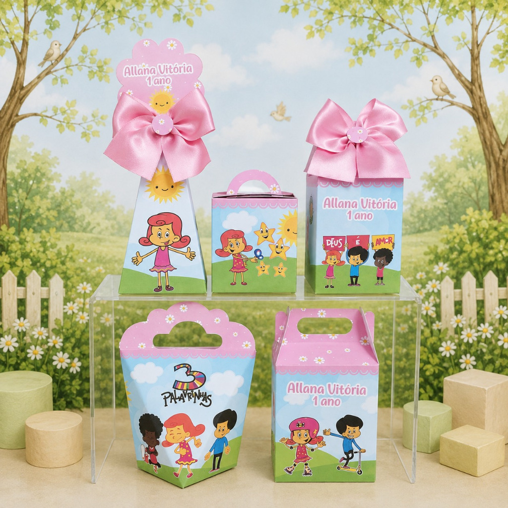 Kit Caixinhas Personalizadas (Pegue e Monte) 3 Palavrinhas Menina Rosa Caixas para Lembrancinhas