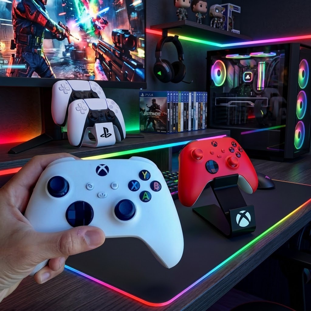 SUPORTE DUPLO DE MESA PARA CONTROLES DE VIDEOGAME (PS5 / PS4 / XBOX)