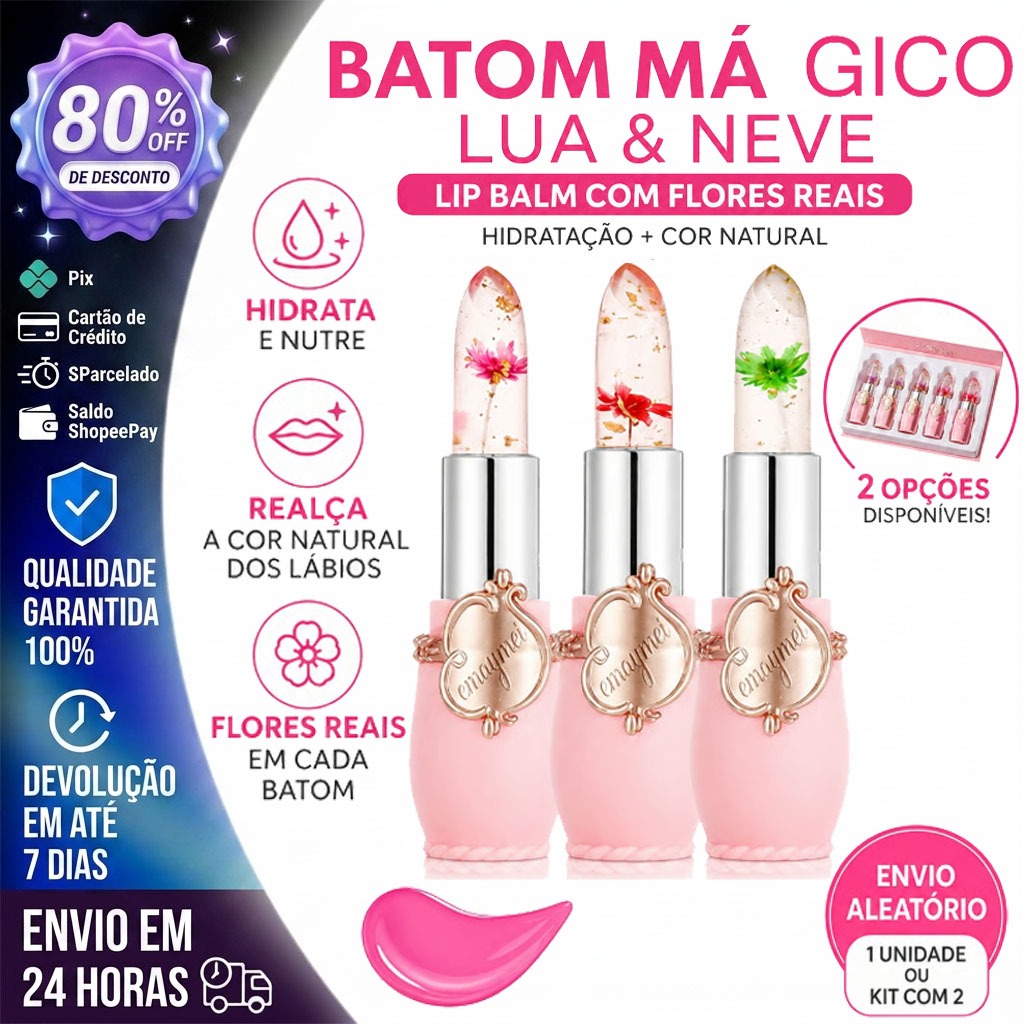 Batom Mágico Lua & Neve – Lip Balm com Flores Reais| Hidratação + Cor Natural N0182