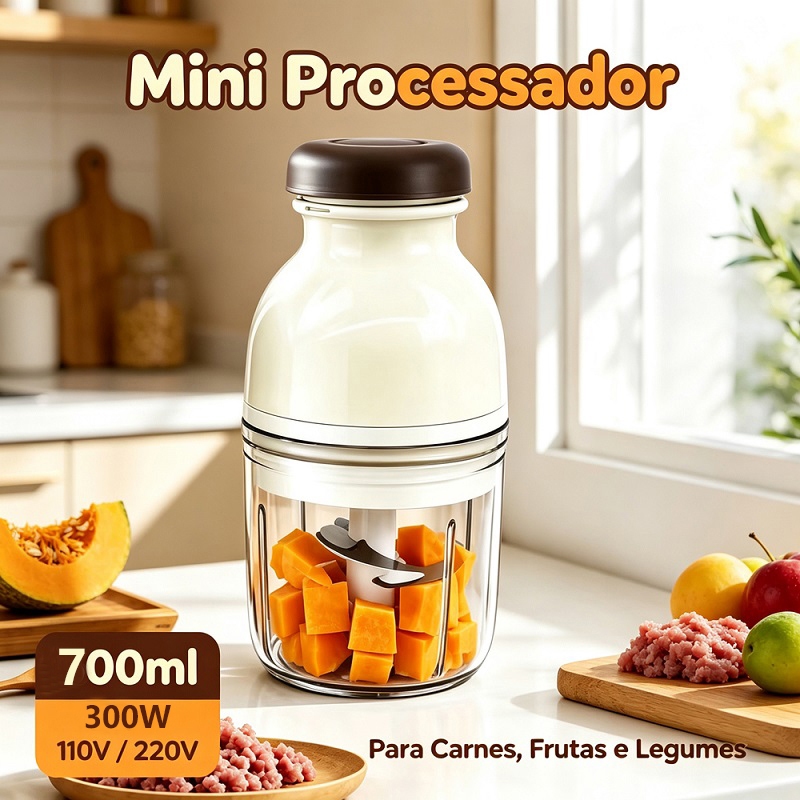 Mini Processador Elétrico 700ml 300W 4 Lâminas para Alimentos Carne Legumes 110V/220V