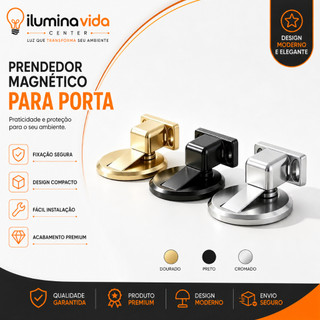 Kit 2 Batente de Porta Magnético Inox | Adesivo ou Parafuso | Preto Dourado Cromado | Anti Impacto