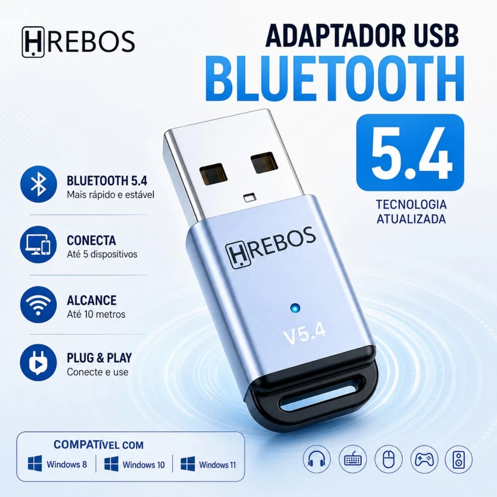 Adaptador Bluetooth 5.4 USB para PC Notebook Windows 8 10 11 Até 5 Dispositivos Alcance 10m