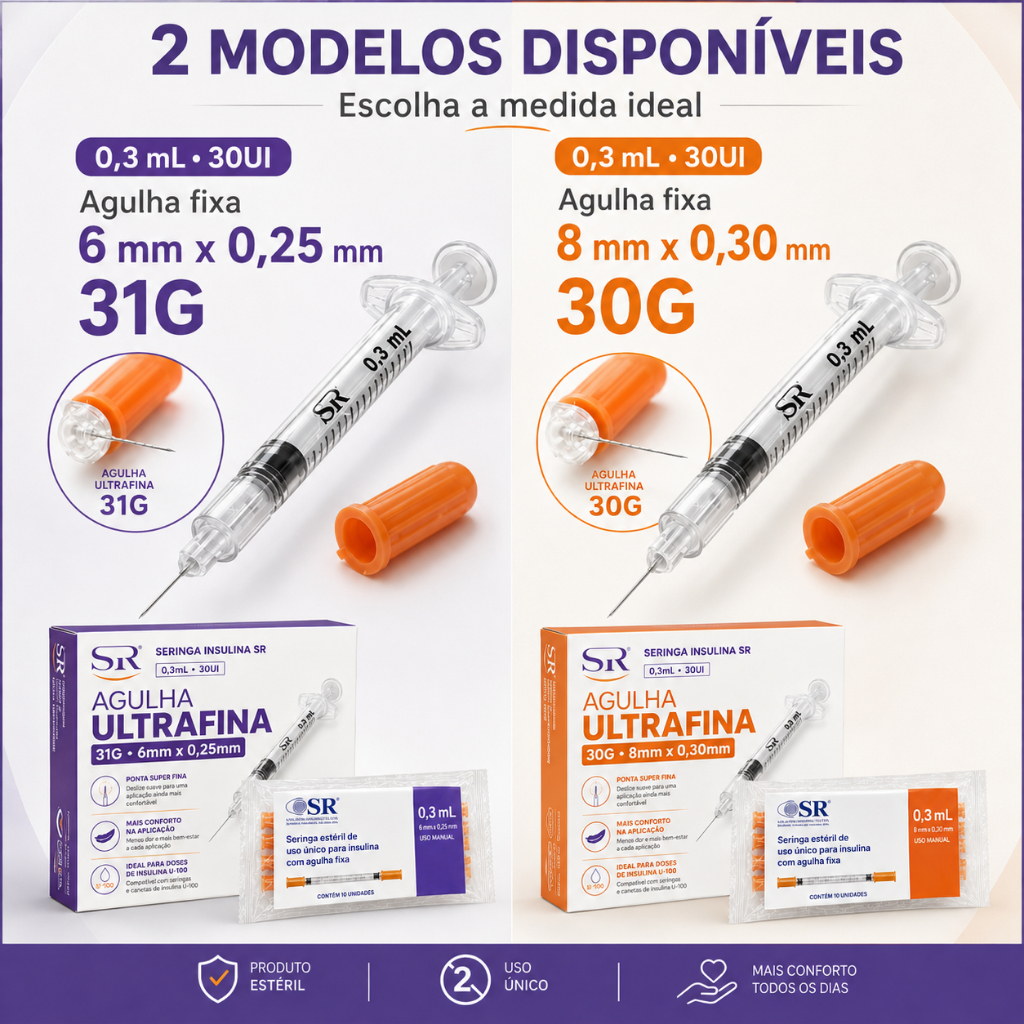 Seringa de Insulina super fina 0,3ml 30ui agulha 6mm/8mm x 0,25/0,3 (10/20/30/40/50)
