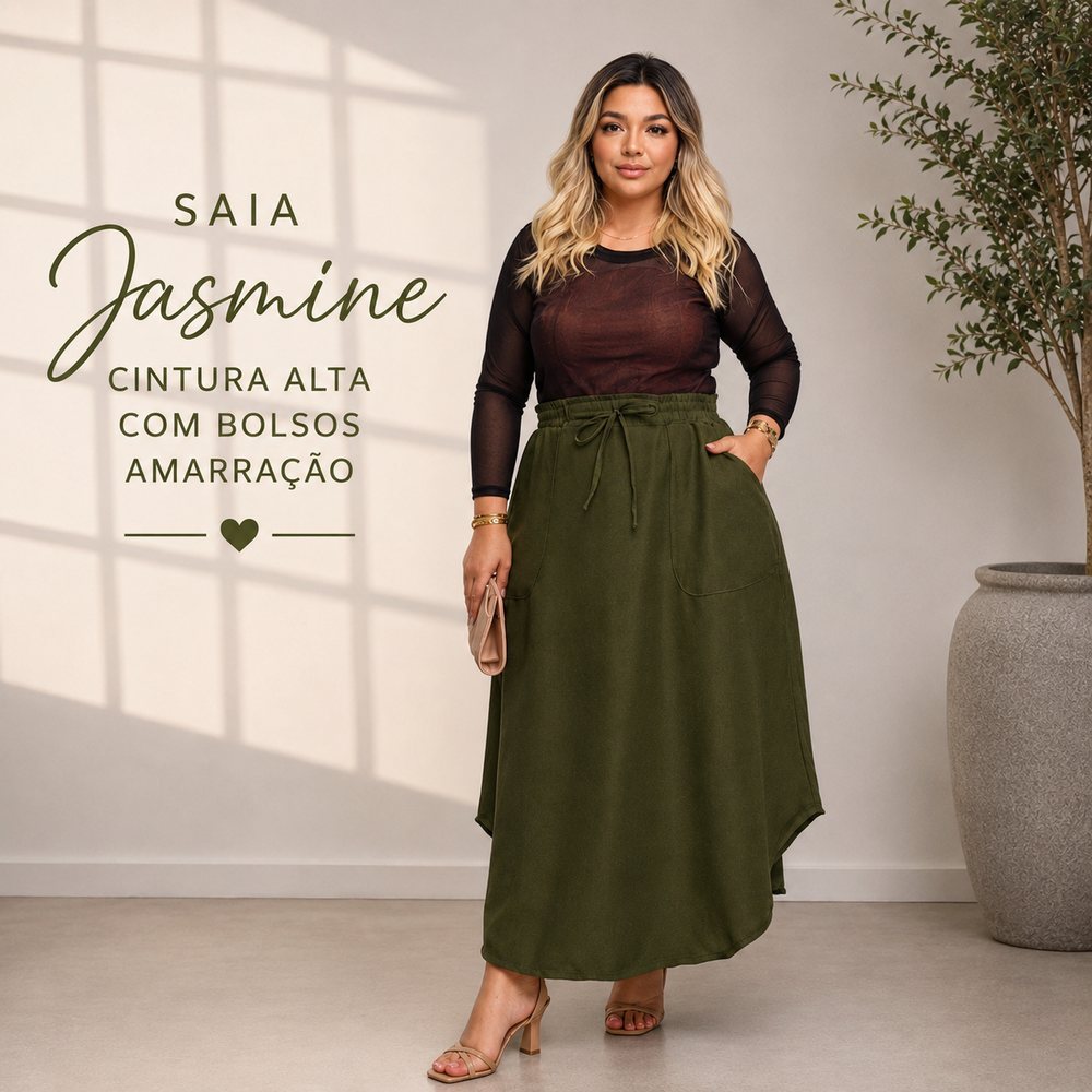 Saia Jasmine Feminina Cintura Alta Alfaiataria Dunalinho com Bolsos Amarração Linho Casual Moda Evangélica Plus Size