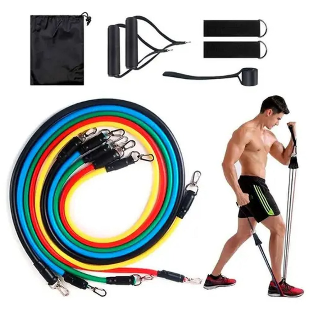 Kit Elástico Extensor 11 Itens Musculação Funcional Em Casa Cor Preto