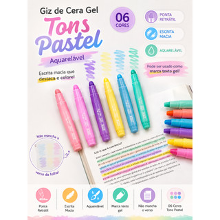 Giz de Cera Gel / Marca Texto Gel  Tons Pastel 06 Cores Ponta Retrátil Aquarelável