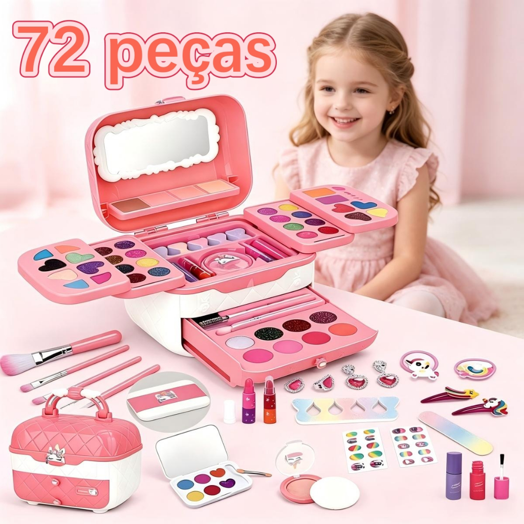 Kit Maquiagem Infantil 72 Peças Lavável Para Meninas Conjunto Portátil Brinquedo De Maquiagem Seguro Para Crianças