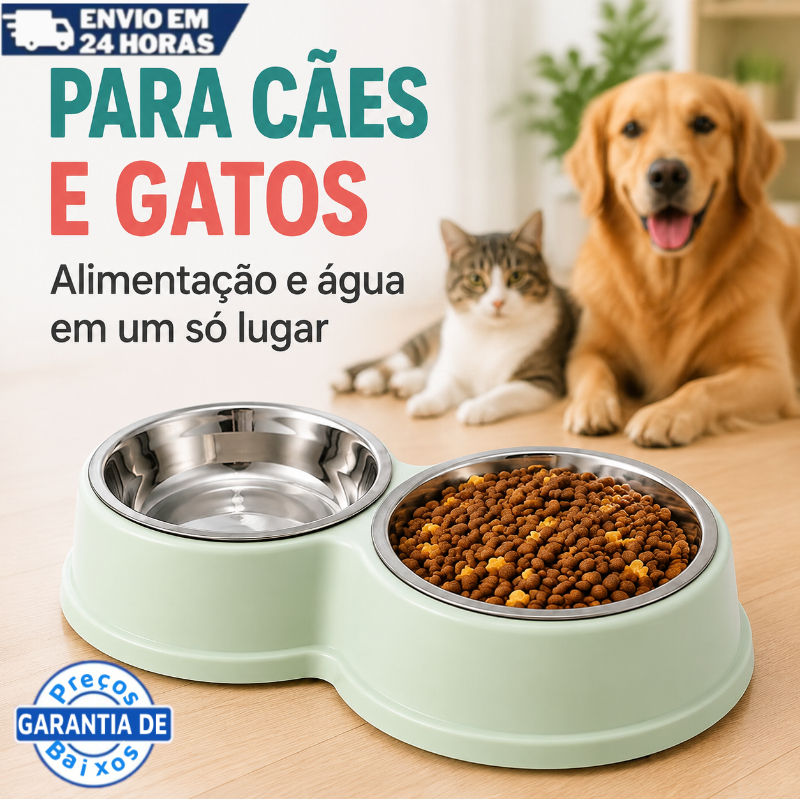 Kit Comedouro e Bebedouro Duplo Inox com Superfície Antiderrapante para Gatos e Cachorros
