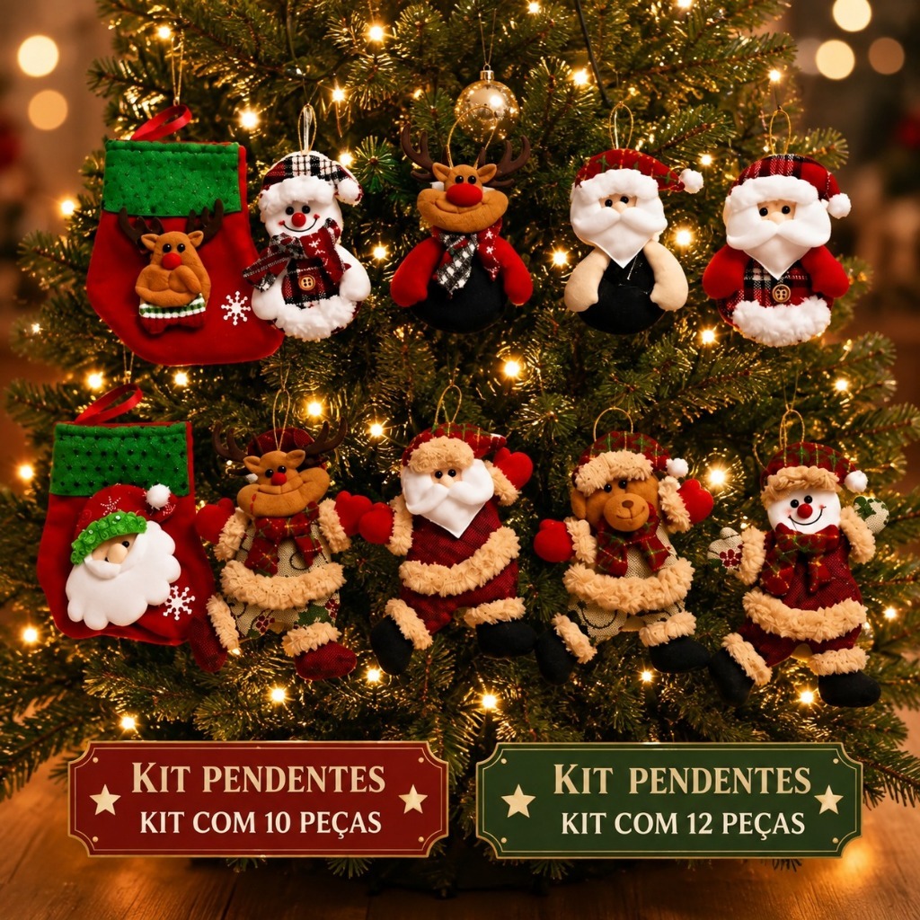 Kit de Pendentes para Decoração Natalina Enfeites para Árvore de Natal  com 10 ou 12 Peças