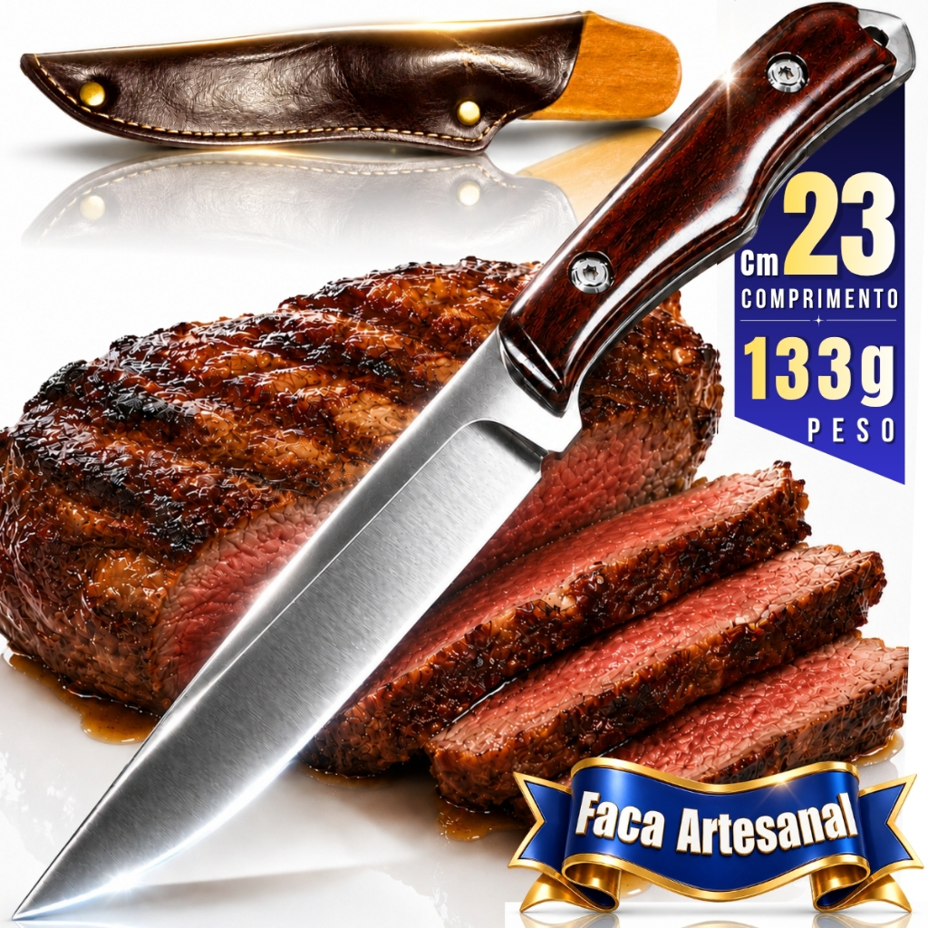 Faca Chef Artesanal Aço Inox Cabo Madeira Premium Churrasco Cozinha Camping 23cm
