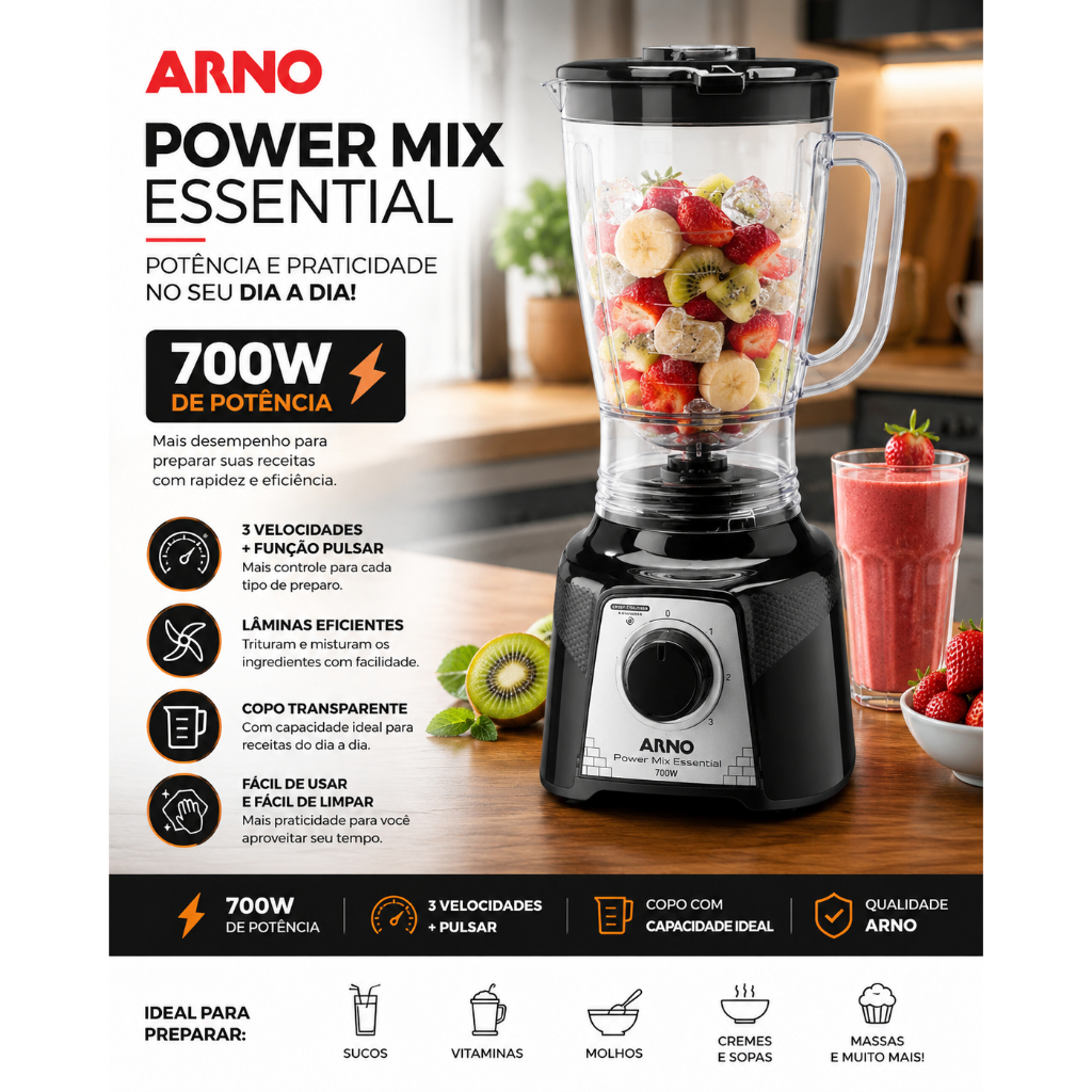 Liquidificador Arno Power Mix Essential 700W Potente 3 Velocidades