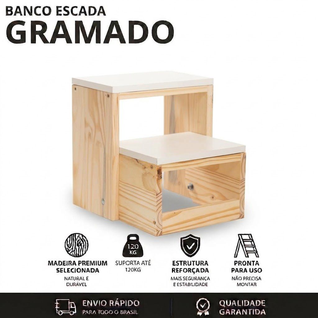 Escadinha Dobrável Multiuso Banqueta Dobravel 2 Degraus Criança Pet Adultos Idosos Banco Madeira Pinus