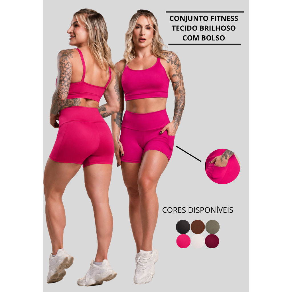 Conjunto Fitness Feminino Brilhoso Academia Top e Short Com Bolso Cintura Alta Com Brilho ZERO TRANSPARÊNCIA