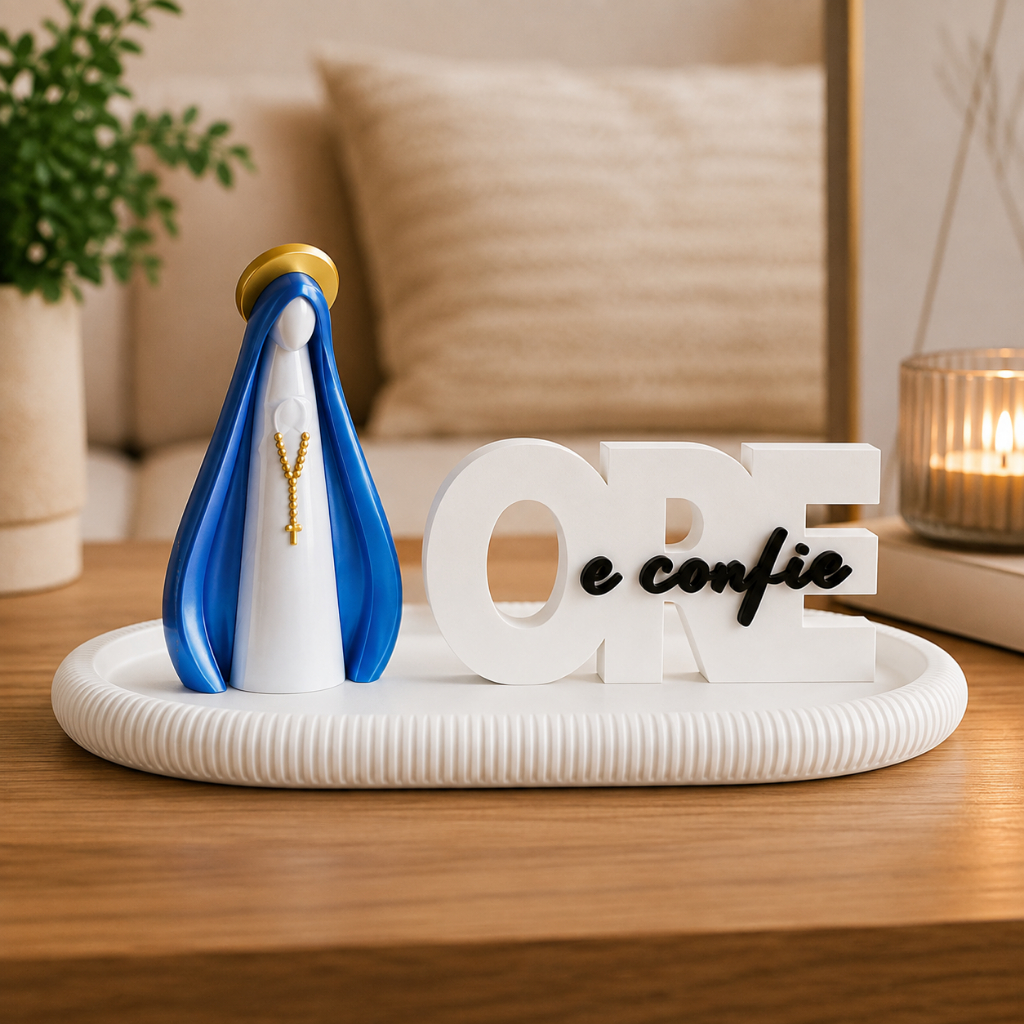 Kit Decorativo Ore e Confie + Nossa Senhora Aparecida + Bandeja | Decoração Religiosa Presente de Fé