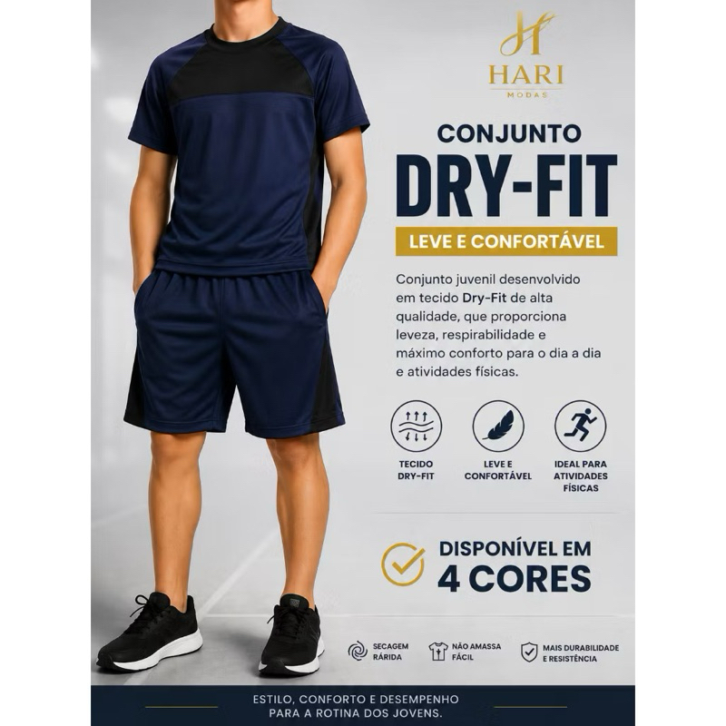 Kit 2 Conjunto Esportivo Juvenil Dry-Fit Masculino Leve e Confortável/ Ideal para dias quentes– Tamanhos 10 ao 16