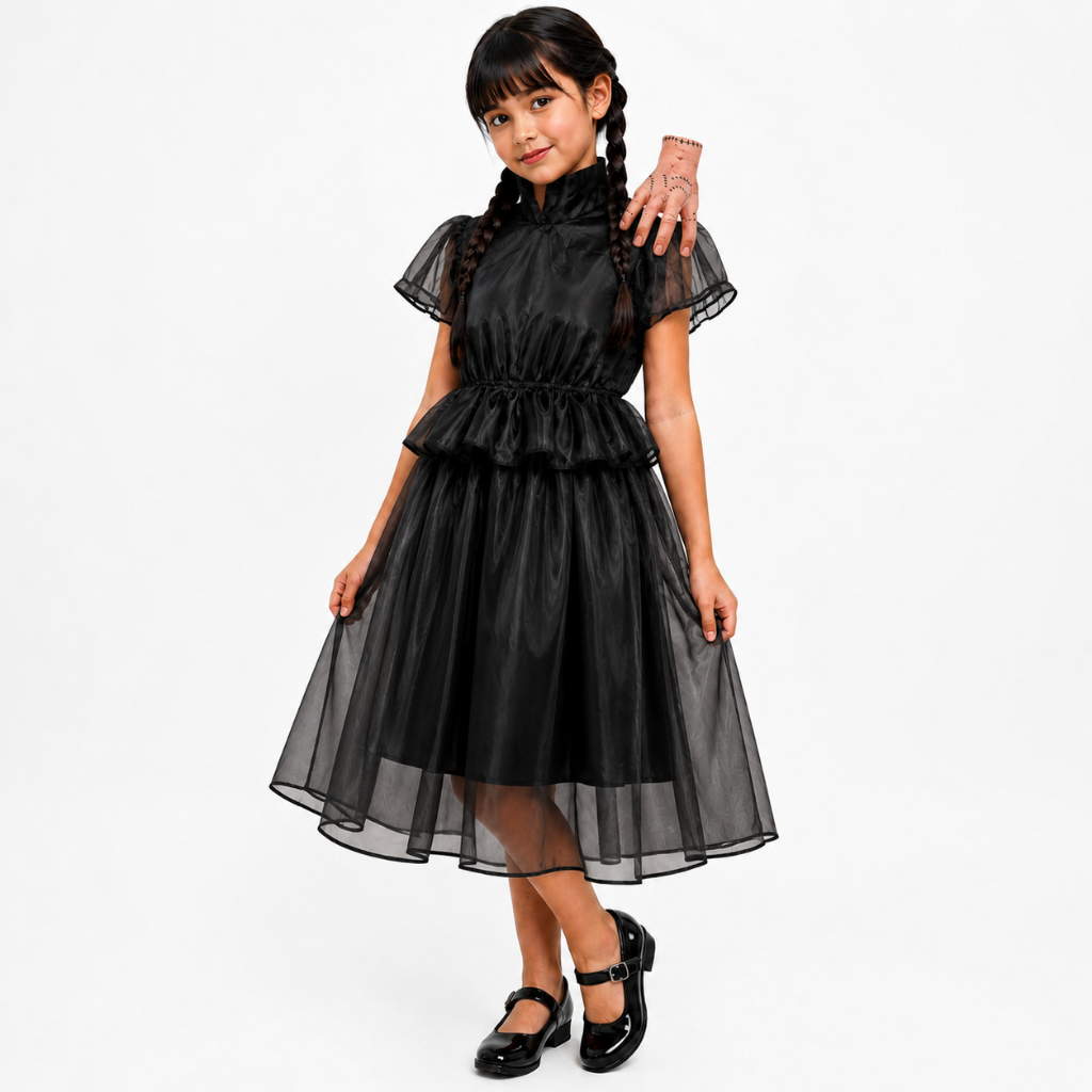 Kit Fantasia Vandinha Vestido Familia Adams Menina Festa Halloween + Maozinha