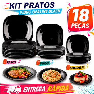 Kit jogo de Pratos Preto 18 peças sendo 6 Rasos 6 Fundos 6 sobremesa De Vidro Opaline Resistente
