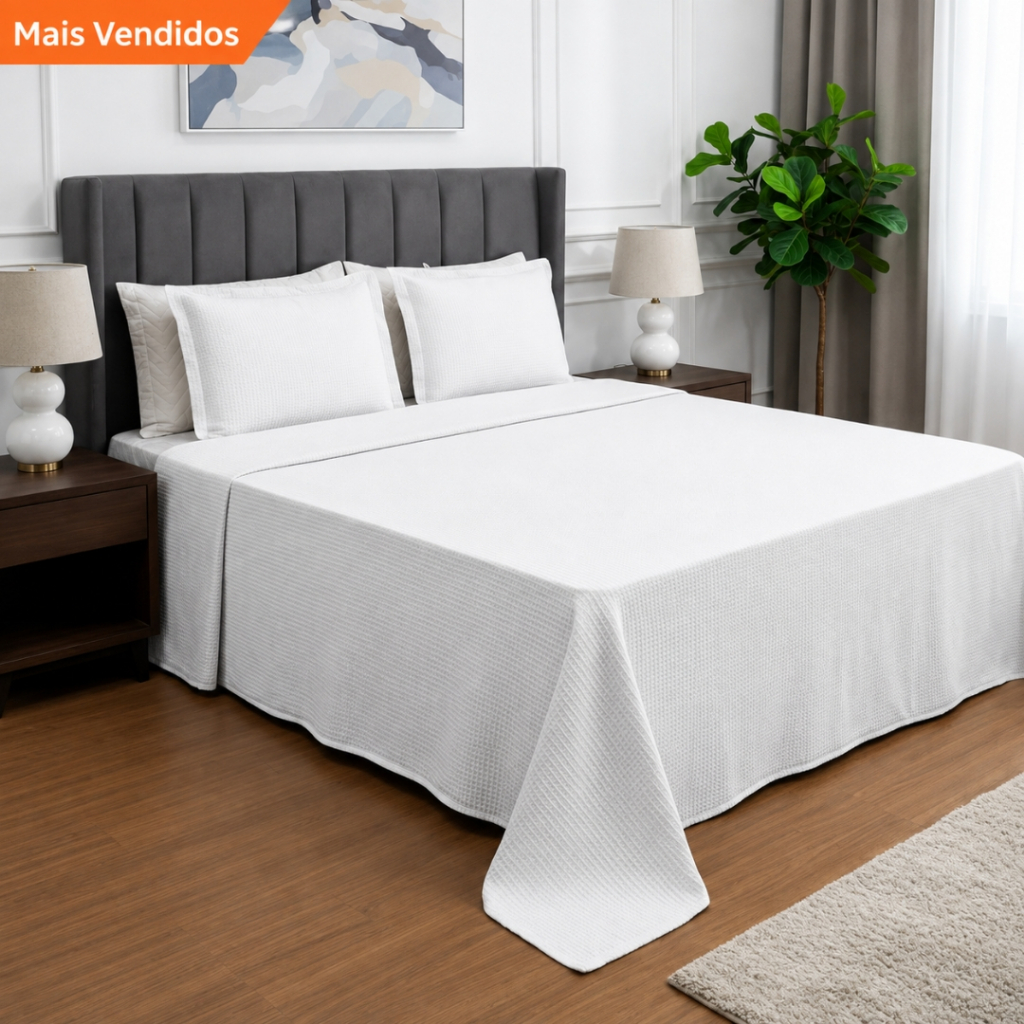 Colcha Queen 3 Peças Piquet Lisa Cobre Leito Luxo Elegante