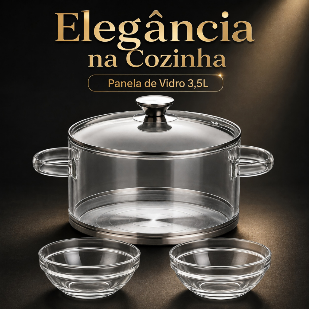 Panela Transparente de Vidro Borossilicato 3,5L com Tampa + 2 Tigelas para Cozinhar e Servir