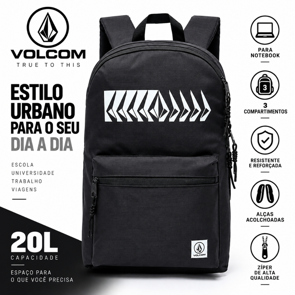 Mochila Volcom Masculina Original 20L para Notebook Universitária Escolar Reforçada Preta