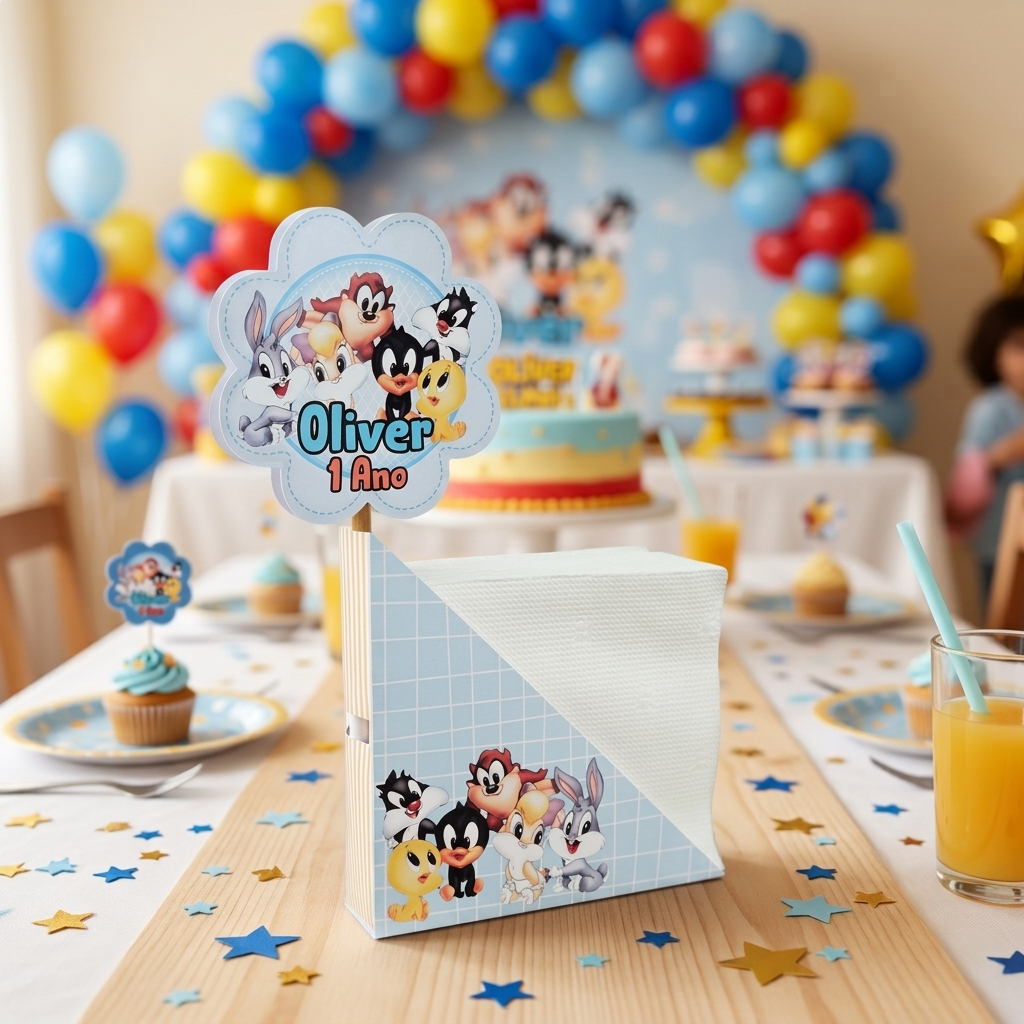 Centro de Mesa lembrancinha Porta Guardanapo Looney Tunes Azul Personalizado Enfeite Festa Aniversário Chá Infantil