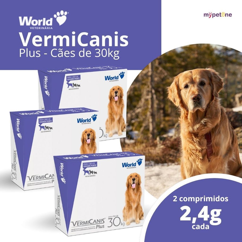 Kit 3 VermiCanis Plus Vermífugo World para Cães de 30Kg - 2 Comprimidos