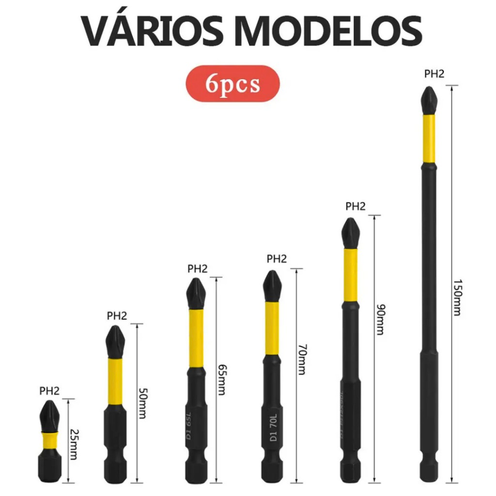 Kit 6 Bits Phillips PH2 Magnéticos de Impacto Aço S2 25 a 150mm para Parafusadeira LUATEK · foto 2