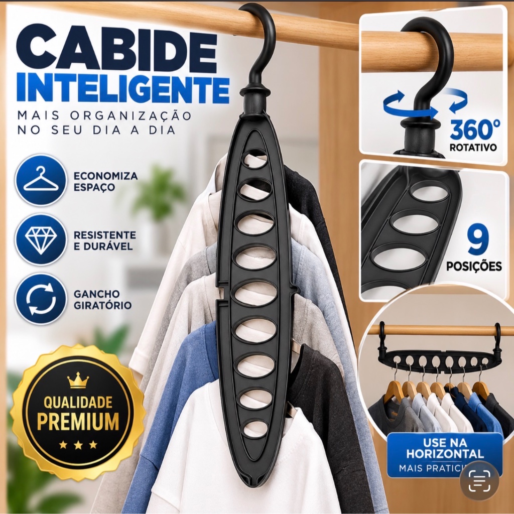 Cabide Inteligente 9 Posições Giratório 360° Organizador de Roupas Plástico Resistente Multiuso 33cm