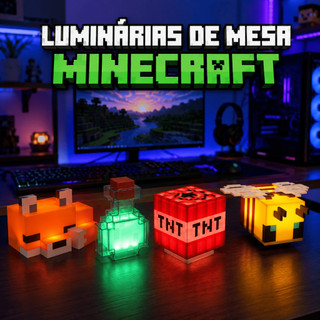 Luminária Abajur Minecraft Gamer Infantil Som Bateria Recarregável USB Luz LED Verde Cubo TNT Raposa Abelha Game