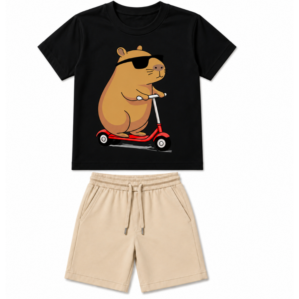 Conjunto Infantil Masculino Menino Camiseta Algodão + Bermuda Moletinho Estampado Casual Verão