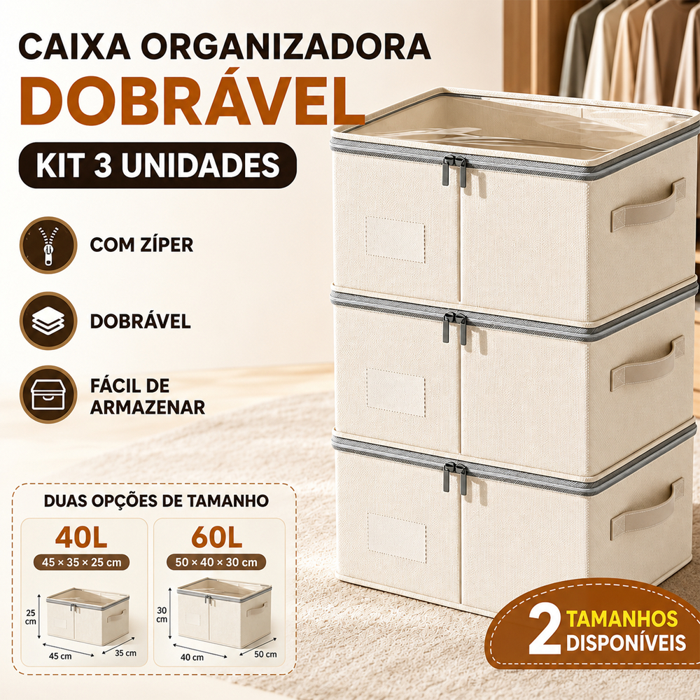 Caixa Organizadora Dobrável com Zíper 40/60L para Roupas Guarda-Roupa Armazenamento Multiuso para Quarto, Armário e Casa