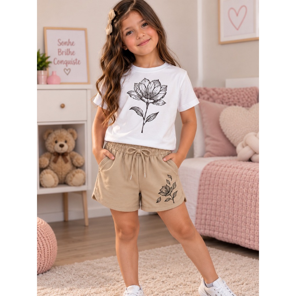 Conjunto Infantil Feminino Premium Floral Camiseta e Short Estampado Casual Moderno Tamanho 2 ao 16